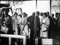 Freedom Riders waiting to board bus at Montgomery depot