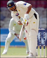Inzamam-ul-Haq gets out early in the day before he can addany more runs to his overnight total