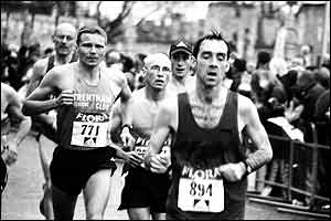 Tired runners in the London Marathon