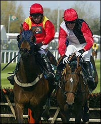 Faasel (L) and Phar Bleu (R) jump the last