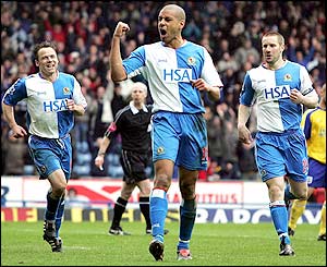 Blackburn midfielder Stephen Reid enjoys the moment after his goal at Ewood Park