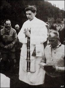Joseph Ratzinger leads an outdoor mass in Switzerland in the summer of 1952