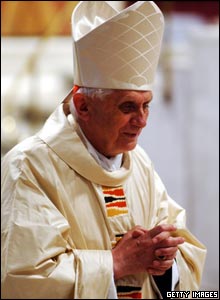 German Cardinal Joseph Ratzinger attends a mass in St Peter's Basilica a few days before he is elected Pope.