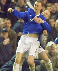 Duncan Ferguson raises the roof at Goodison Park after his 54th-minute winner
