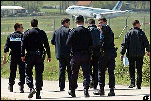 Bomb squad officers secure the area outside the Airbus plant in Blagnac near Toulouse