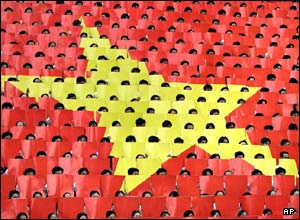 Coloured placards forming national Vietnamese flag