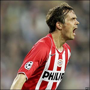 Philip Cocu celebrates scoring for PSV