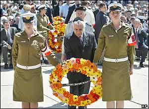 Israeli President Moshe Katsav (centre) at a memorial service in Jerusalem