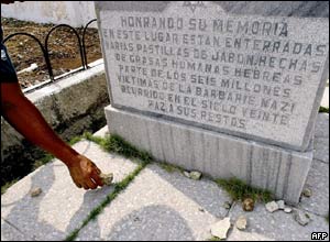 An member of Cuba's small Jewish community puts a stone on a tomb at the Jewish cemetery in Havana