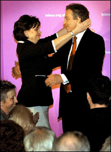 Tony Blair after being re-elected as MP for Sedgefield with his wife Cherie