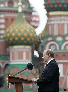 Russian President Vladimir Putin addresses the audience at the military parade 