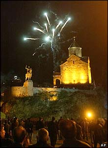 A firework display in front of Metekhi church in Tbilisi