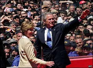 US President George W Bush and First Lady Laura on stage in Tbilisi's Freedom Square