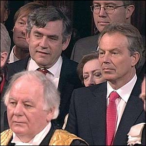 Tony Blair and Gordon Brown listen to the Queen's Speech