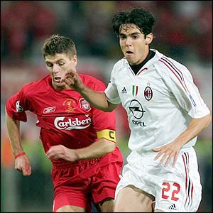 Liverpool's Steven Gerrard chases Milan's Kaka