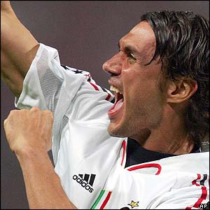 Paolo Maldini celebrates scoring for AC Milan