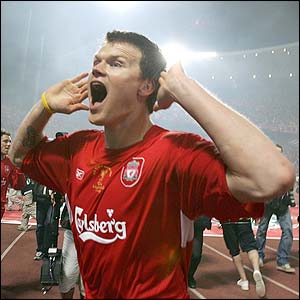 John Arne Riise celebrates infront of Liverpool fans after the penalties