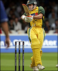 Mike Hussey hits one of his six boundaries