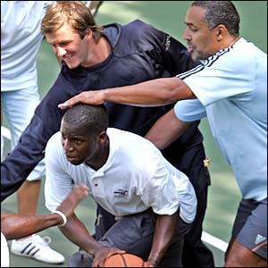 David Beckham (back) and Daley Thompson (right)