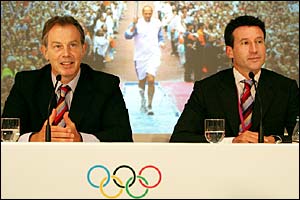 British PM Tony Blair joined London bid leader Lord Coe