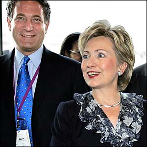 US Senator Hilary Clinton, fresh off a long-haul flight to Singapore, joined New York bid leader Dan Doctoroff for the first news conference of the day