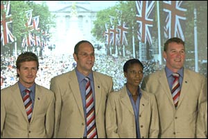 David Beckham, Sir Steve Redgrave, Denise Lewis and Matthew Pinsent arrive at a press conference in Singapore