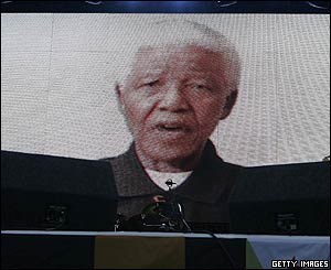 Nelson Mandela speaking in a recorded message