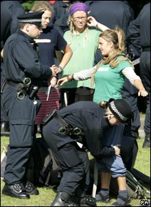 Police officers at the eco-camp near Stirling 