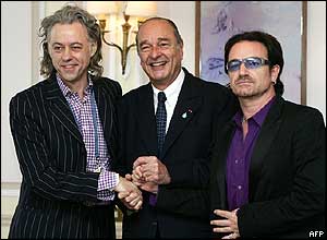Bob Geldof, French President Jacque Chirac and U2 singer Bono