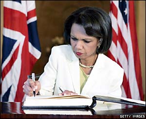 US Secretary of State Condoleezza Rice signs a book of condolence