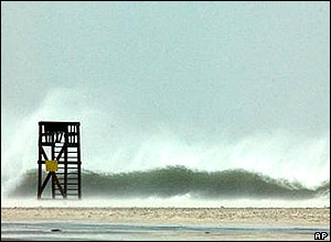 A lifeguard station on Okaloosa Island in Florida is pounded by waves
