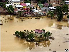 House isolated by floodwaters after 2004 typhoon 