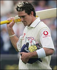 Pietersen returns to the pavilion after being dismissed
