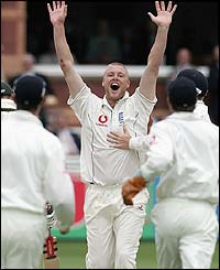 Andrew Flintoff celebrates dismissing Hayden