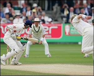 Marcus Trescothick is hit by a quick ball from Brett Lee