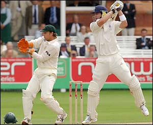 Pietersen sends a Shane Warne delivery into the outfield as he gets another half century