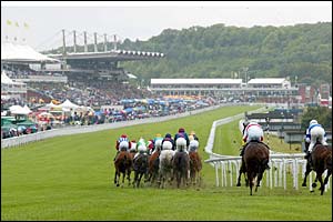 The field take the final corner during the first race at Goodwood