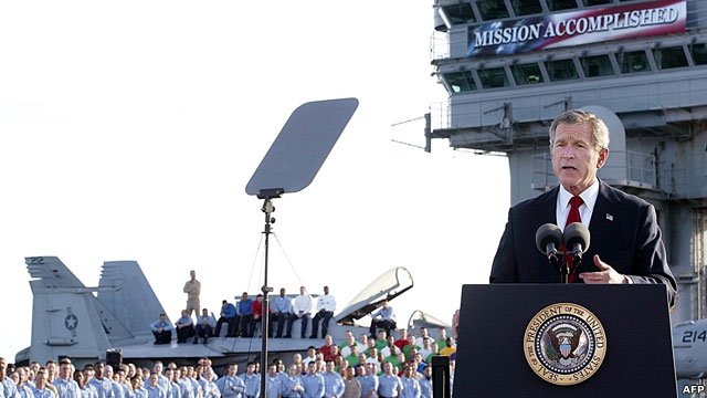 US President George Bush declared that the US had prevailed in the battle of Iraq in a speech in May 2003.