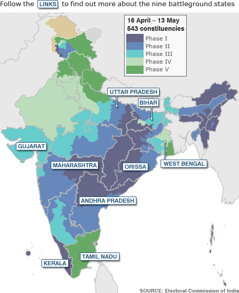 India election map, all voting phases
