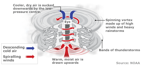 Graphic showing how movement of warm, moist air and cooler, dry air combines in a hurricane