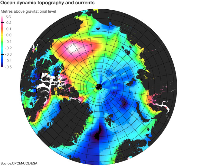 Map showing ocean dynamic topography - the height in metres of the water surface above the gravitational level in the Arctic