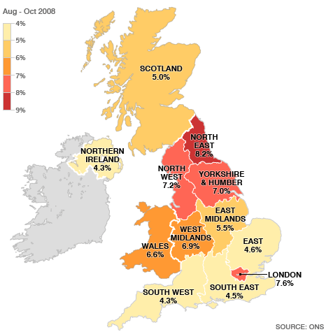 Unemployment in the UK from August to October 2008