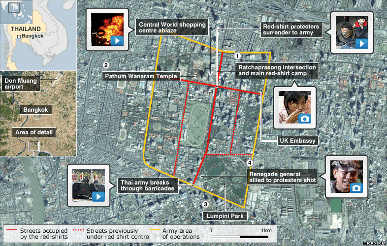 image of Bangkok showing the US Embassy, Lumpini Park, Bon Kai barricade, Dusit Thai hotel, Ratchapraprop Road, Pathum Wanaram Temple, Renegade general and Ratchaprasong intersection