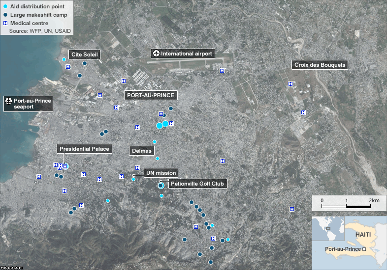 Thousands of people are living in makeshift camps across the Haitian capital, Port-au-Prince, having been left homeless by the 12 January earthquake. The World Food programme and other international agencies have been working in the city to provide essential aid such as food, water and medical support. Field hospitals and aid distribution centres have been set up as part of the effort.
