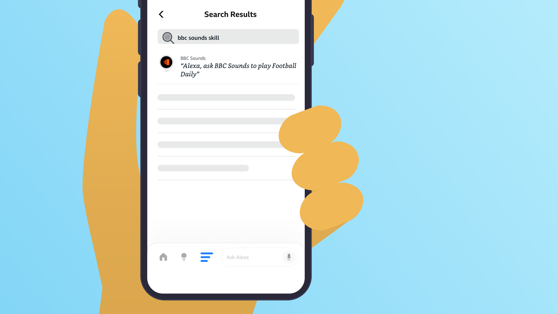 A user typing “BBC Sounds skill” into the search function in the Alexa app.