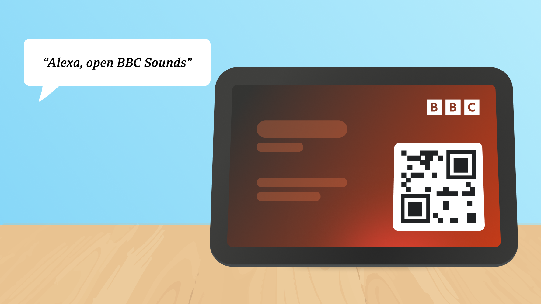 A QR code screen displayed on an Alexa screen‑enabled device after the user says “Alexa, open BBC Sounds”.