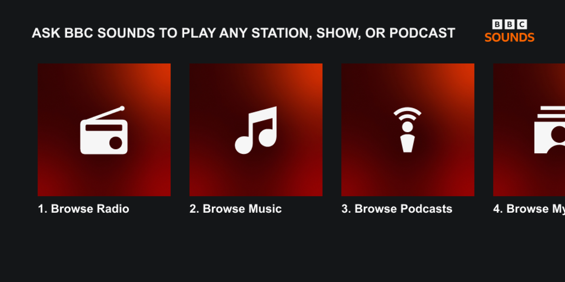 Image showing the BBC Sounds menu on the screen of an Alexa device