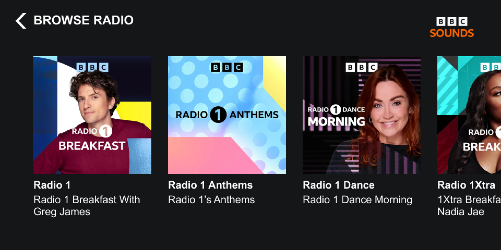 Image of the Browse Radio screen on the BBC Sounds skill for screened Alexa devices