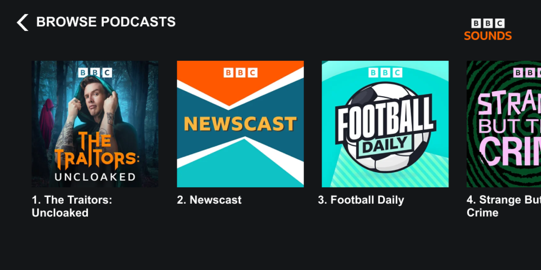 Image of the podcast selection page on the BBC Sounds skill on Alexa devices with screens