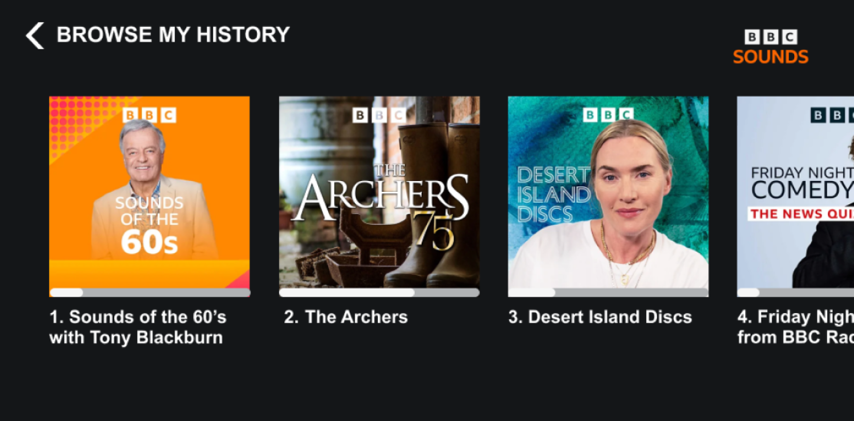 Image of the My History menu on the BBC Sounds skill for screened Alexa devices
